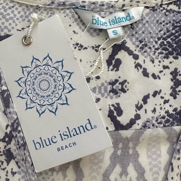 Blue Island Beach Blue Ivory Long Sleeve Tassel Tie Swimsuit Coverup Dress Small - Picture 2 of 12